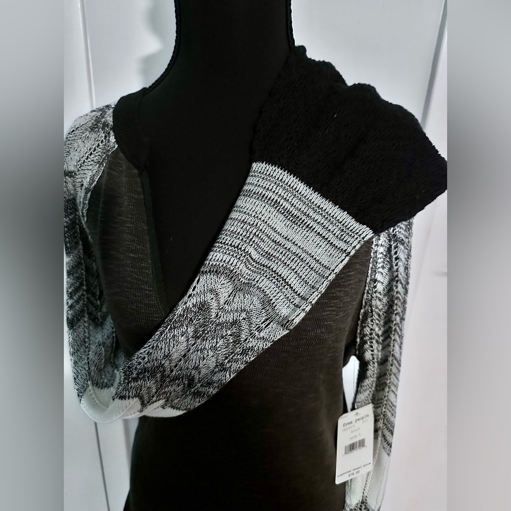 Free People We The Free Mixed Knit Thermal Top Bell Sleeve Black Size L NWT